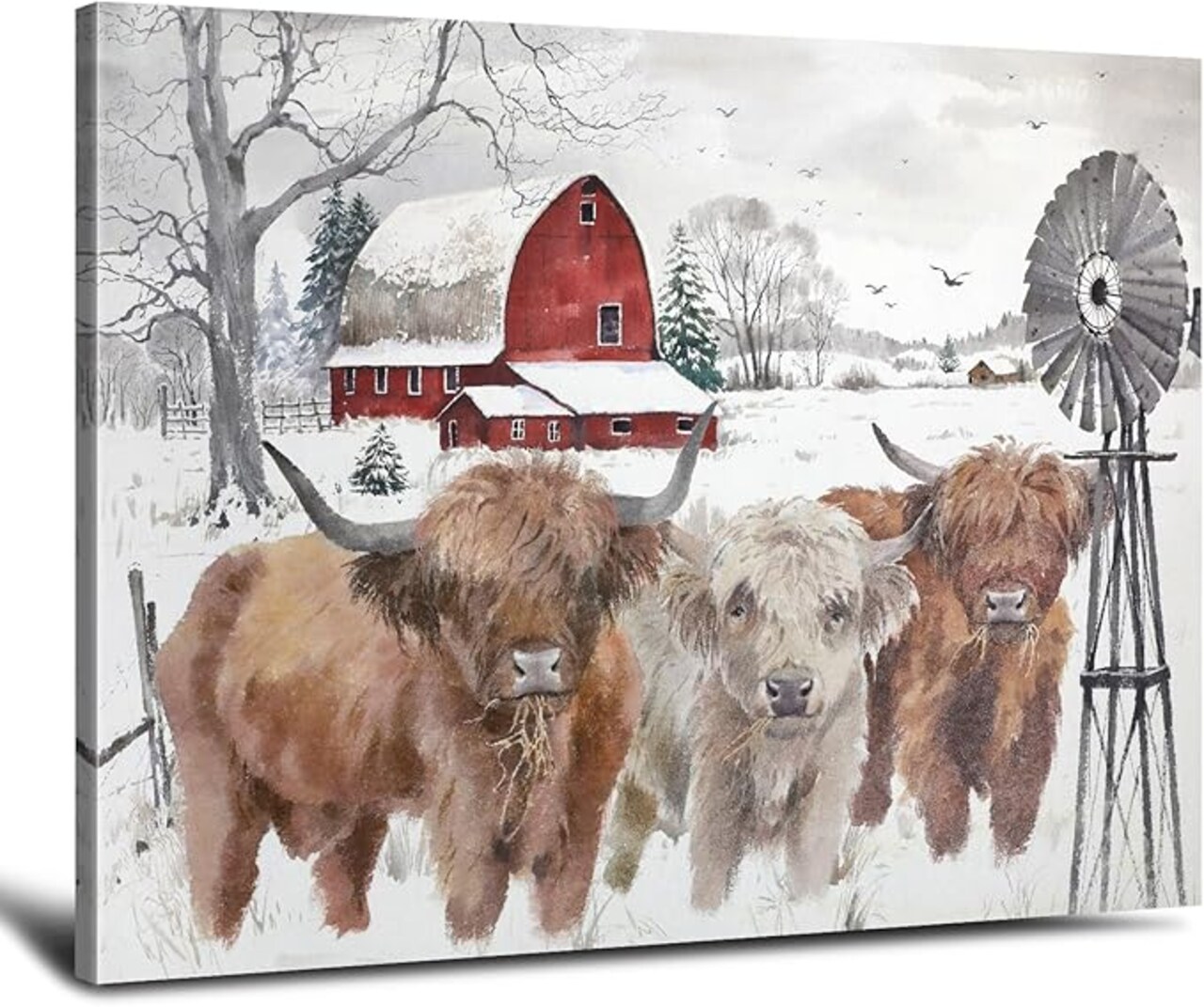 Highland Cow Pictures Christmas Decor: Merry Christmas Wall Art Cow Paintings Farmhouse Decor Rustic Barn Canvas Prints Winter Farm Scene Posters Xmas Holiday Indoor Wall Decorations 10"x12"